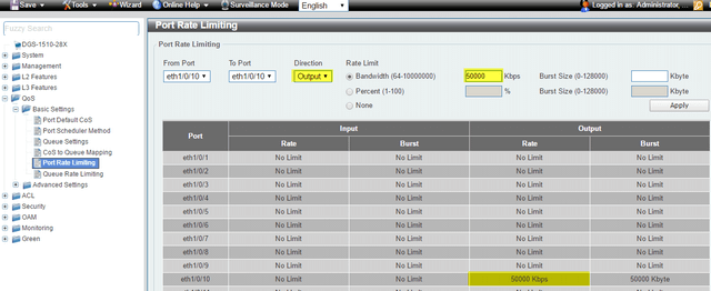 DGS-1510 Series Configure Port Rate Limiting